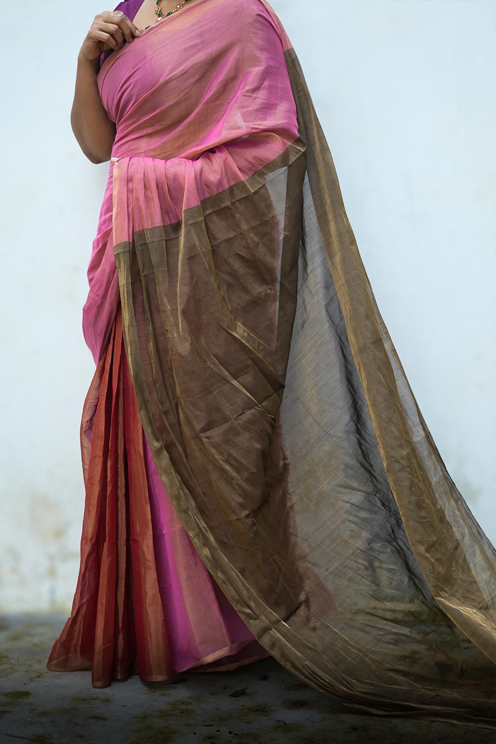 Golden Brown Double Color Tissue Saree with Tassels