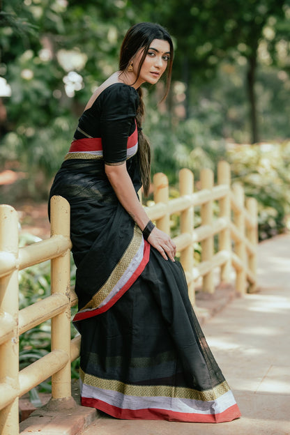 Narayanpet Black Saree with Red & Grey Borders