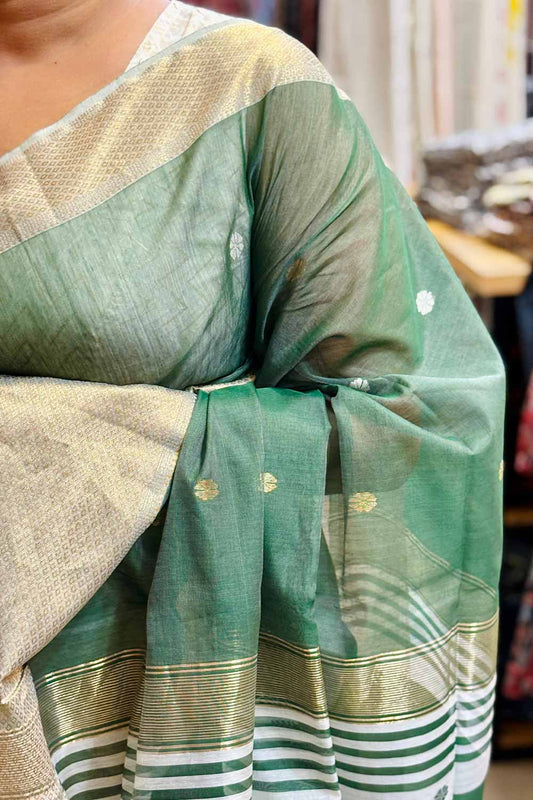Green Maheswari Silk Saree Half & Half