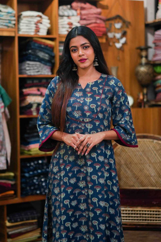 Blue Aline Dress with Green Lotus Print