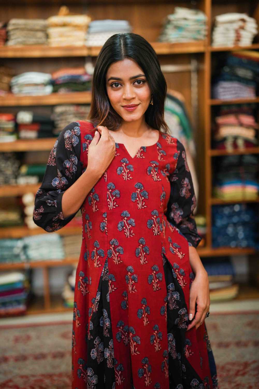 Godet Dress with Red & Blue Print