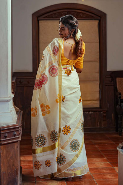 Offwhite Gold Border Screen Print Set Saree