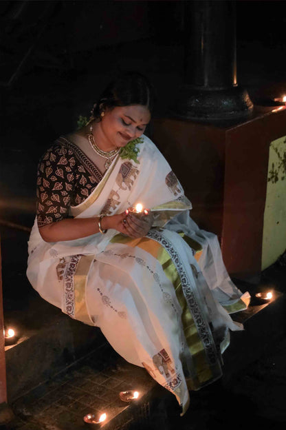 Offwhite Saree with Elephant Print