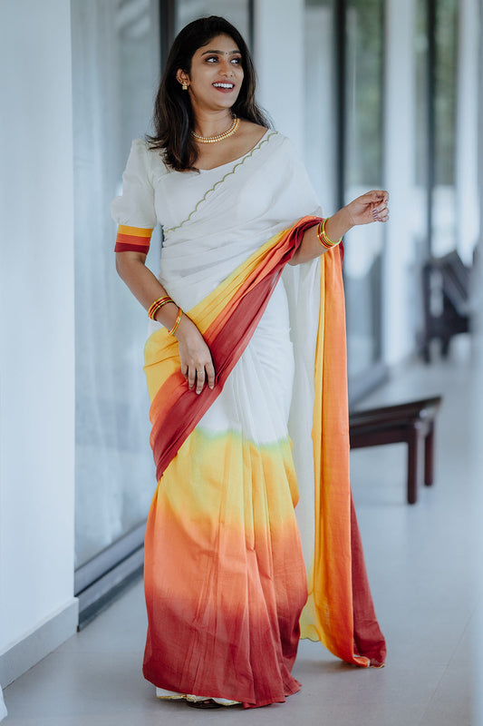 White Base Red & Orange Ombre Saree