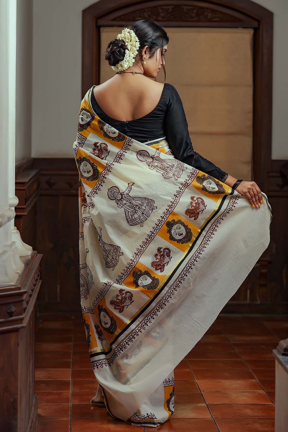 Offwhite Black & Gold Border Kadhakali Print Set Saree