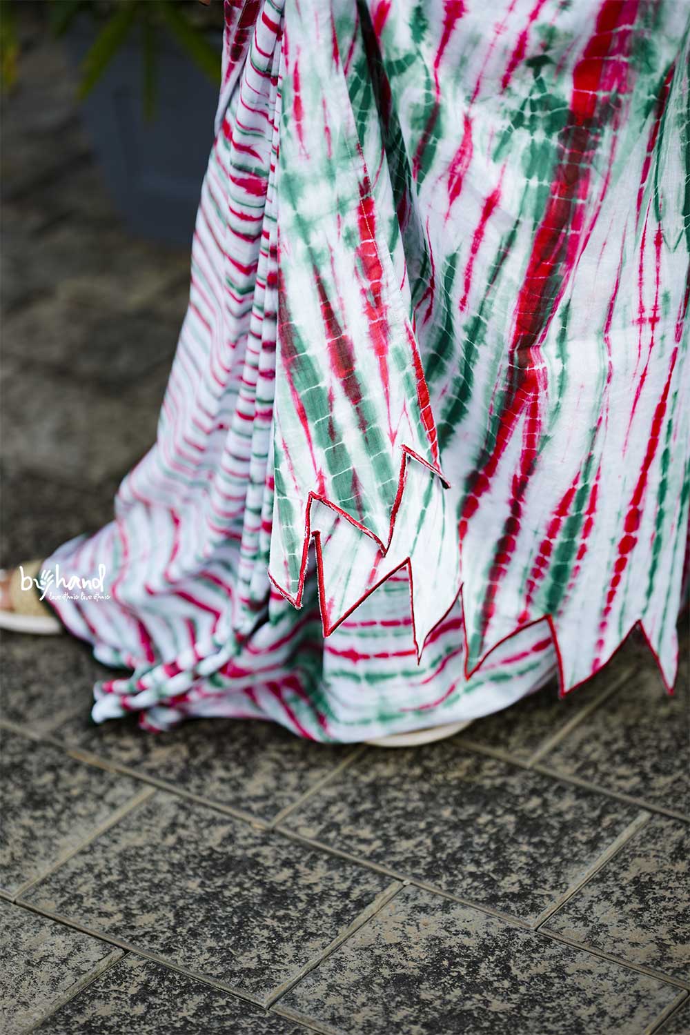 Red & Green Shibori Saree With Green Border