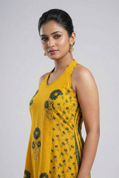 Yellow Ajrakh Modal silk Holter Neck A Line Kurti