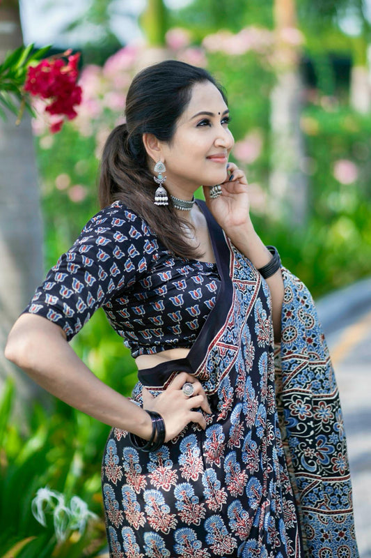Black Ajrakh Modal Silk Saree