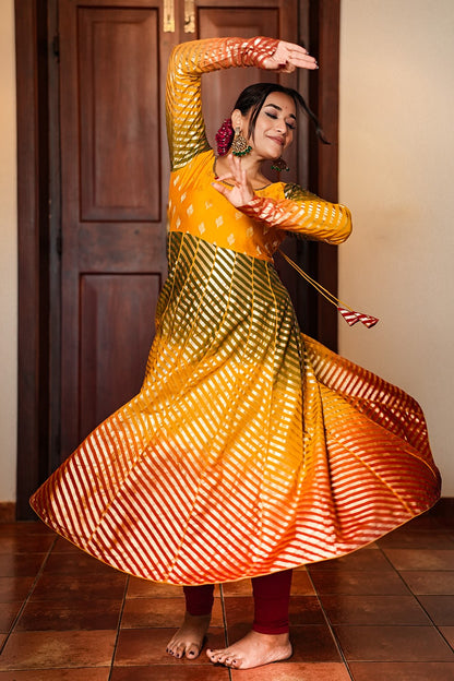 Yellow Green Orange & Golden Chanderi Silk Anarkali