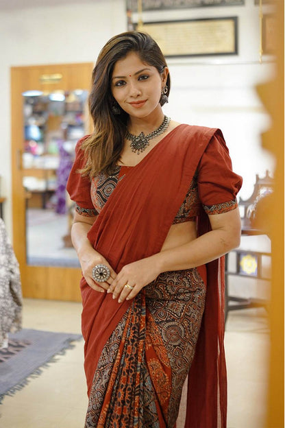 Maroon Mulcotton Saree with Ajrakh Patch