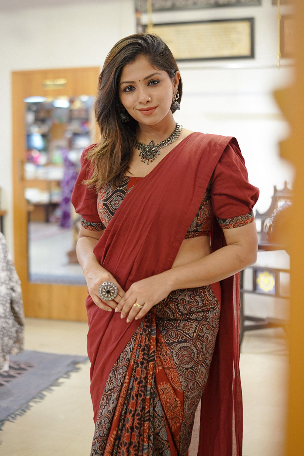 Maroon Mulcotton Saree with Ajrakh Patch