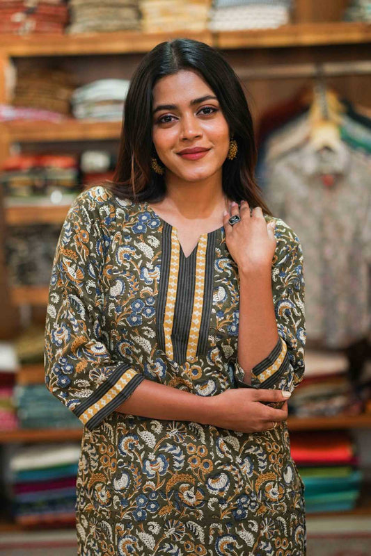 Green Base Mustard Kalamkari Yellow Kurti