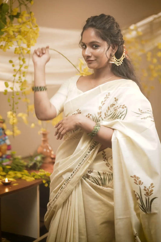 Golden Tissue Handblock Print Saree