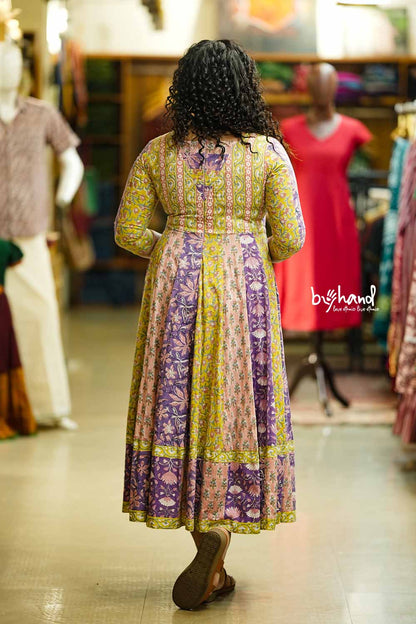 Sangeneri Multi Colour Print Anarkali With Mirror Embroidery