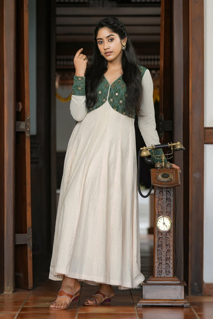 Off-White Anarkali with Green Ikat Yoke