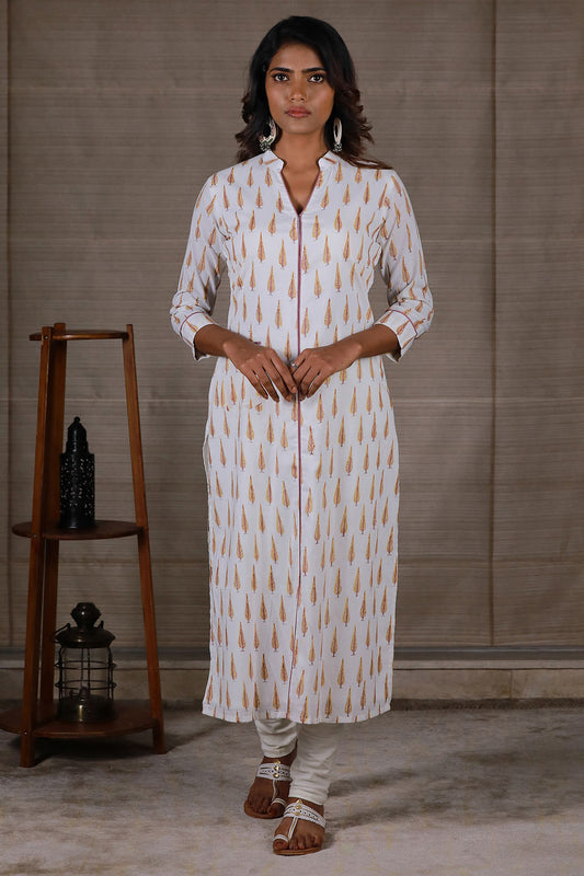Floral Hand Block Printed White Straight Cut Kurti