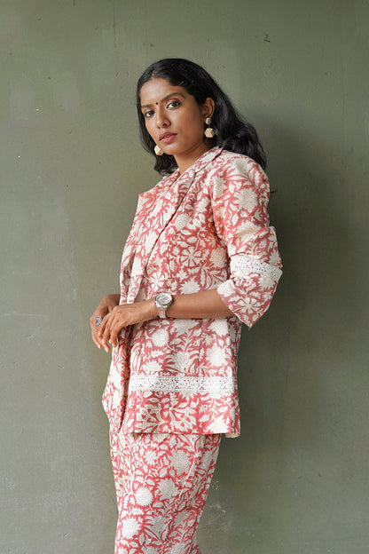 Peach Sanganeri Blazer with Lace