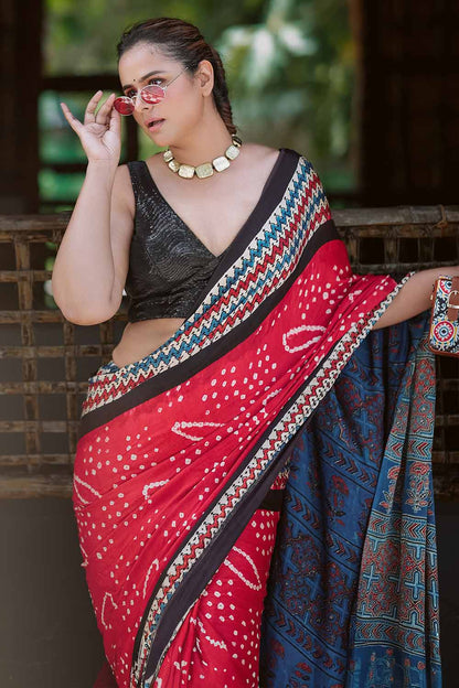 Ajrakh Modal Bandhani Red & Blue saree