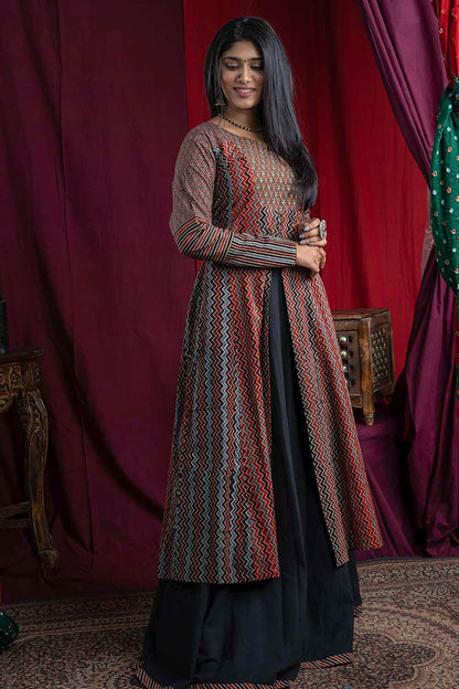 Zigzag Ajrakh Printed Long Panel Top With Front Slit And Skirt