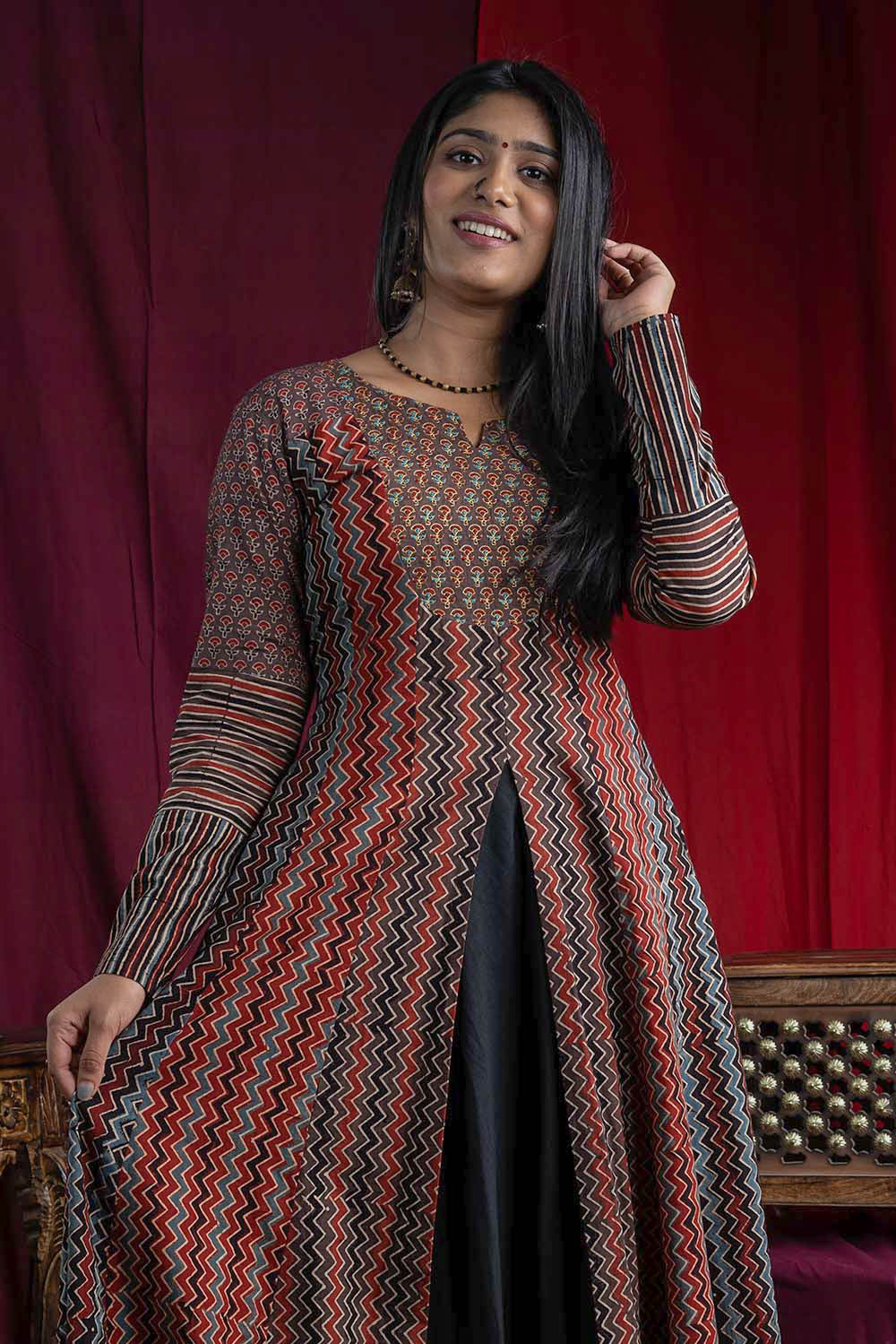 Zigzag Ajrakh Printed Long Panel Top With Front Slit And Skirt