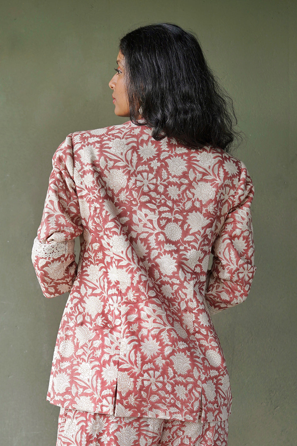 Peach Sanganeri Blazer with Lace