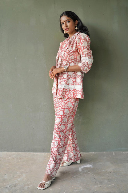 Peach Sanganeri Blazer with Lace