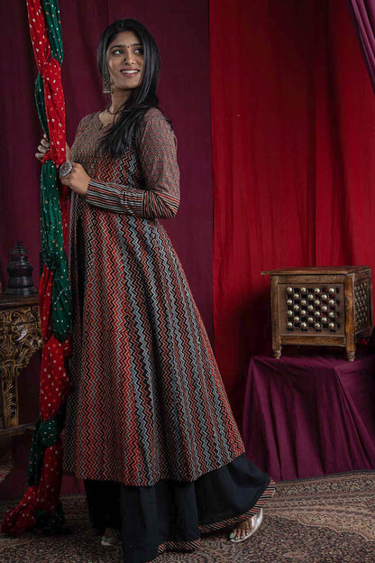 Zigzag Ajrakh Printed Long Panel Top With Front Slit And Skirt