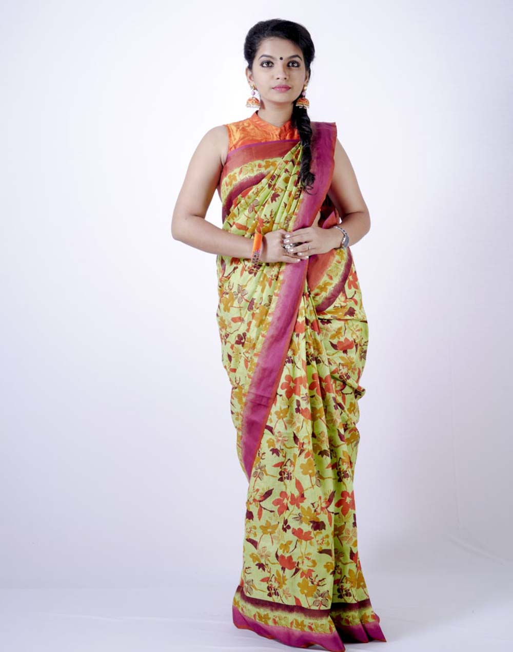 Linen By Linen Green With Violet Floral Hand printed Saree