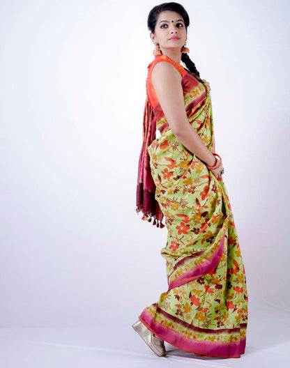 Linen By Linen Green With Violet Floral Hand printed Saree