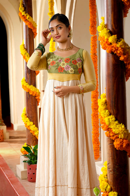 Off-White Anarkali with Floral Green Chanderi Yoke