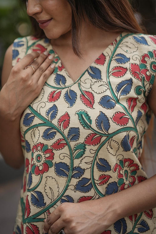 Baige Base Red & Green Floral Print Kurti