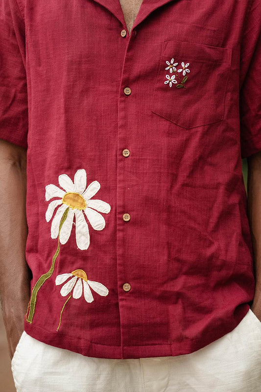 Maroon Shirt with Applique Daisy Flower