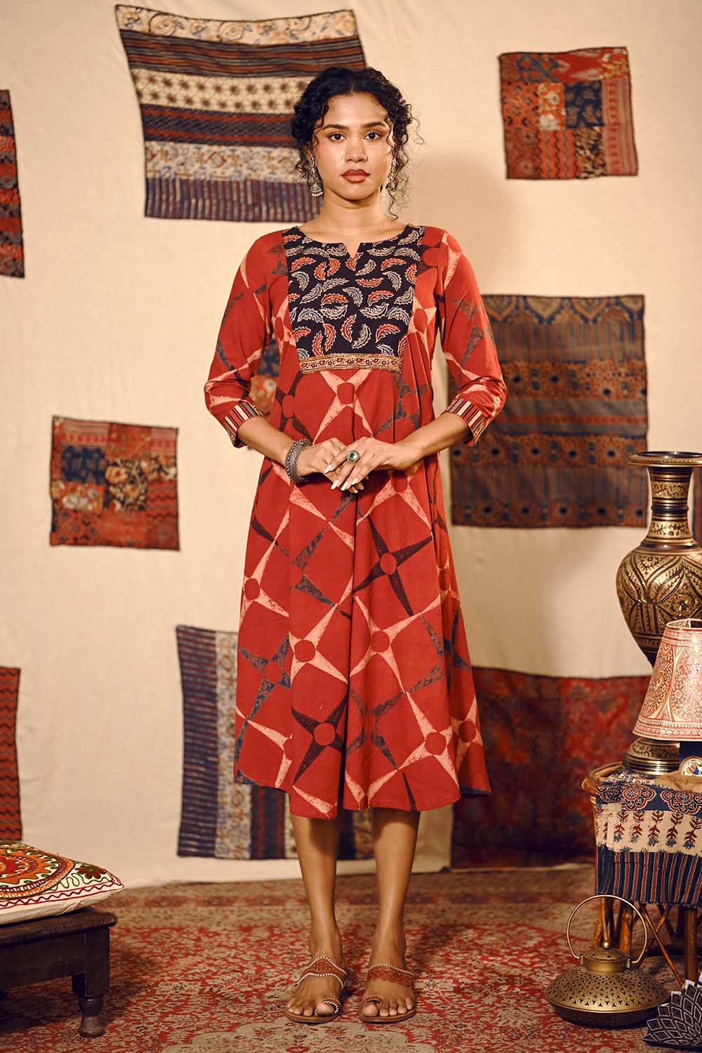 Red A line Kurti with Feather Yoke