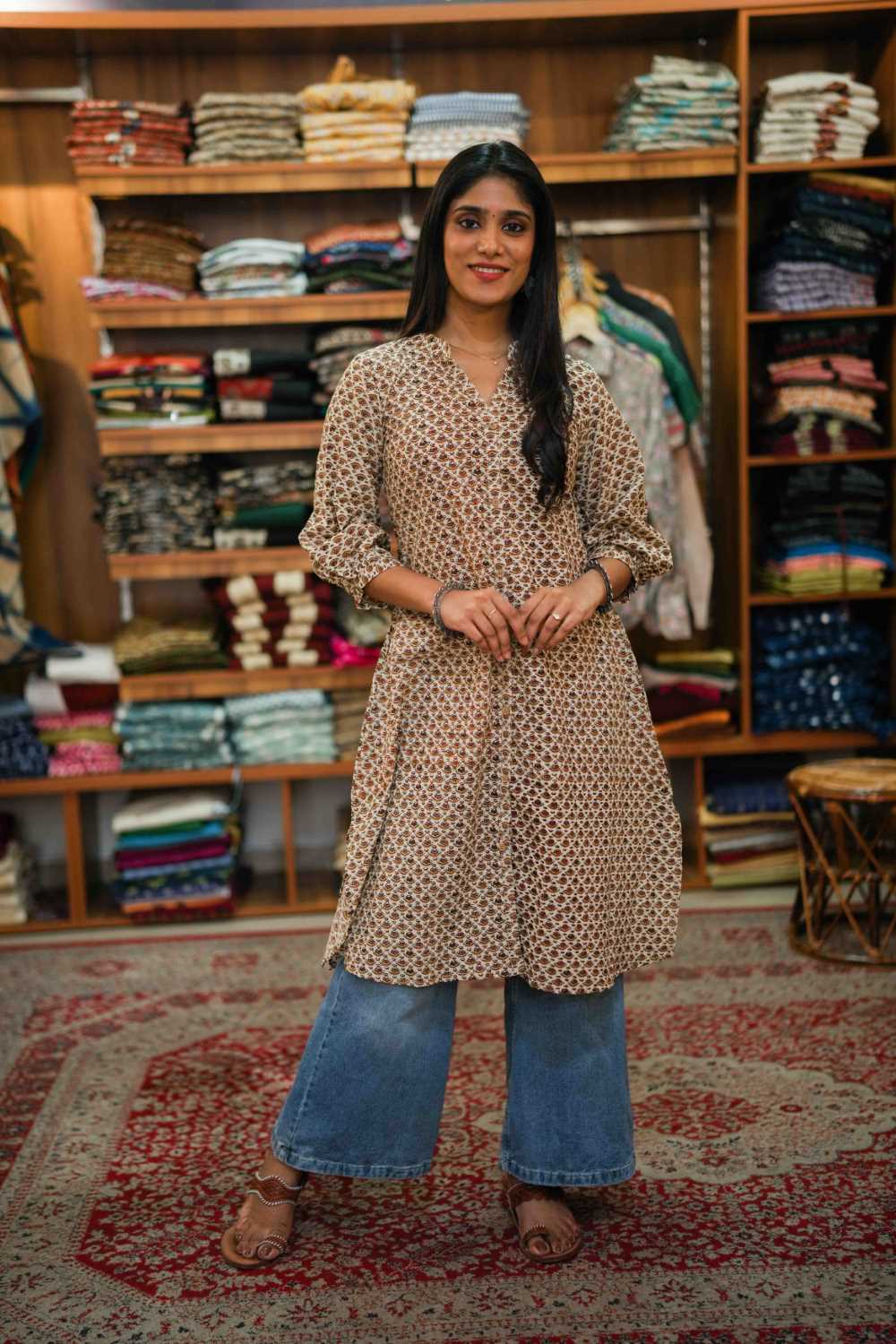 Beige with Small Floral Print Dress