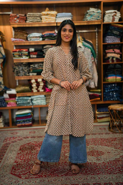 Beige with Small Floral Print Dress