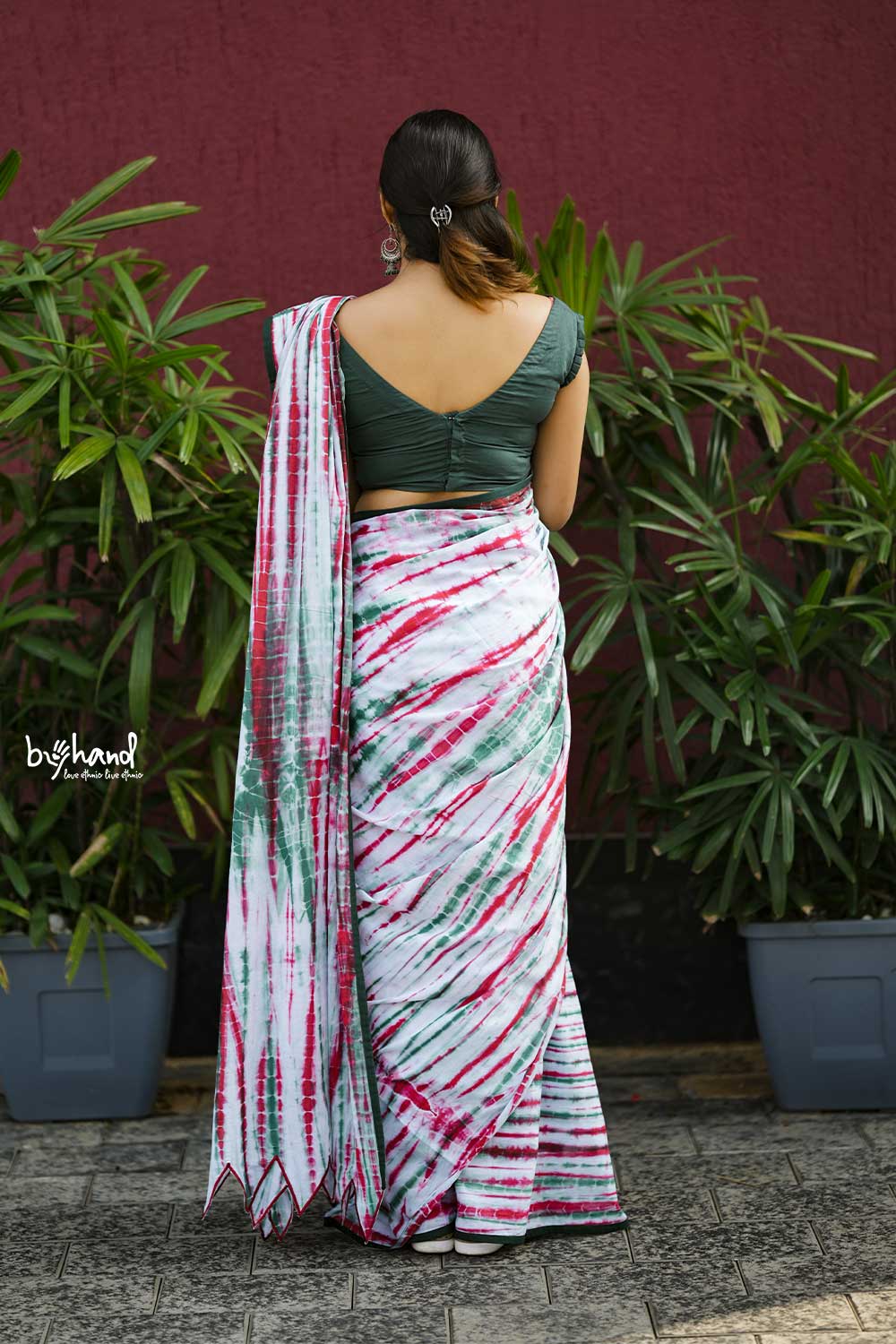 Red & Green Shibori Saree With Green Border