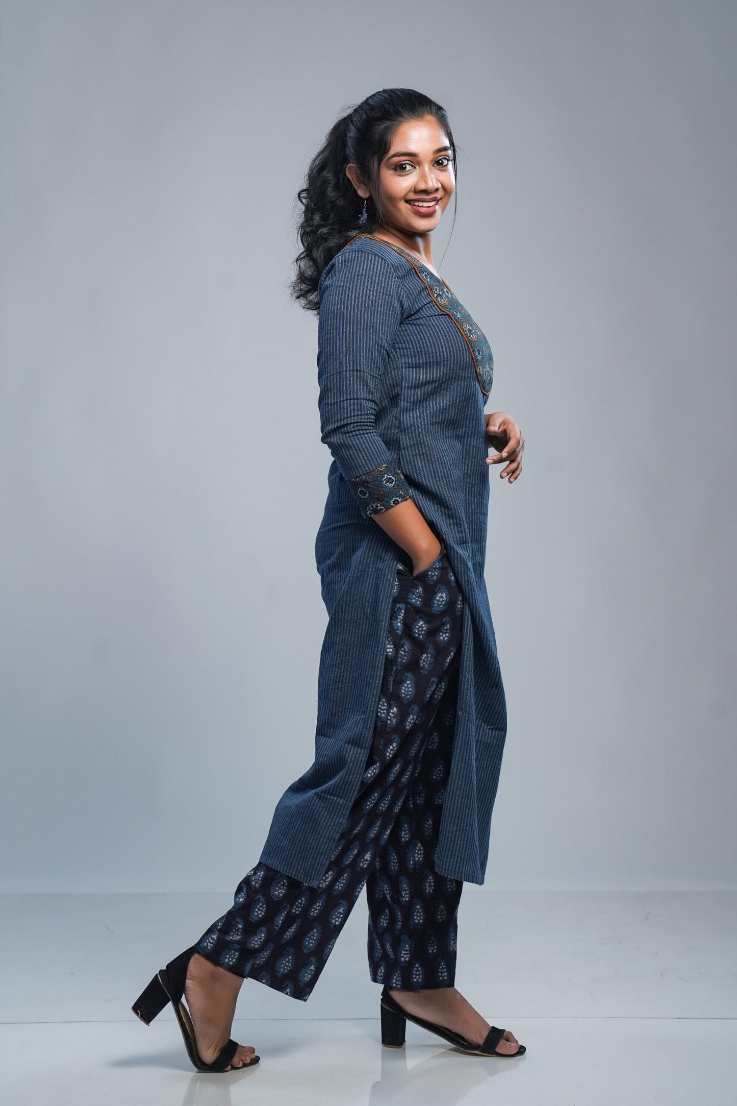 Blue Kurti with Ajrakh Yoke