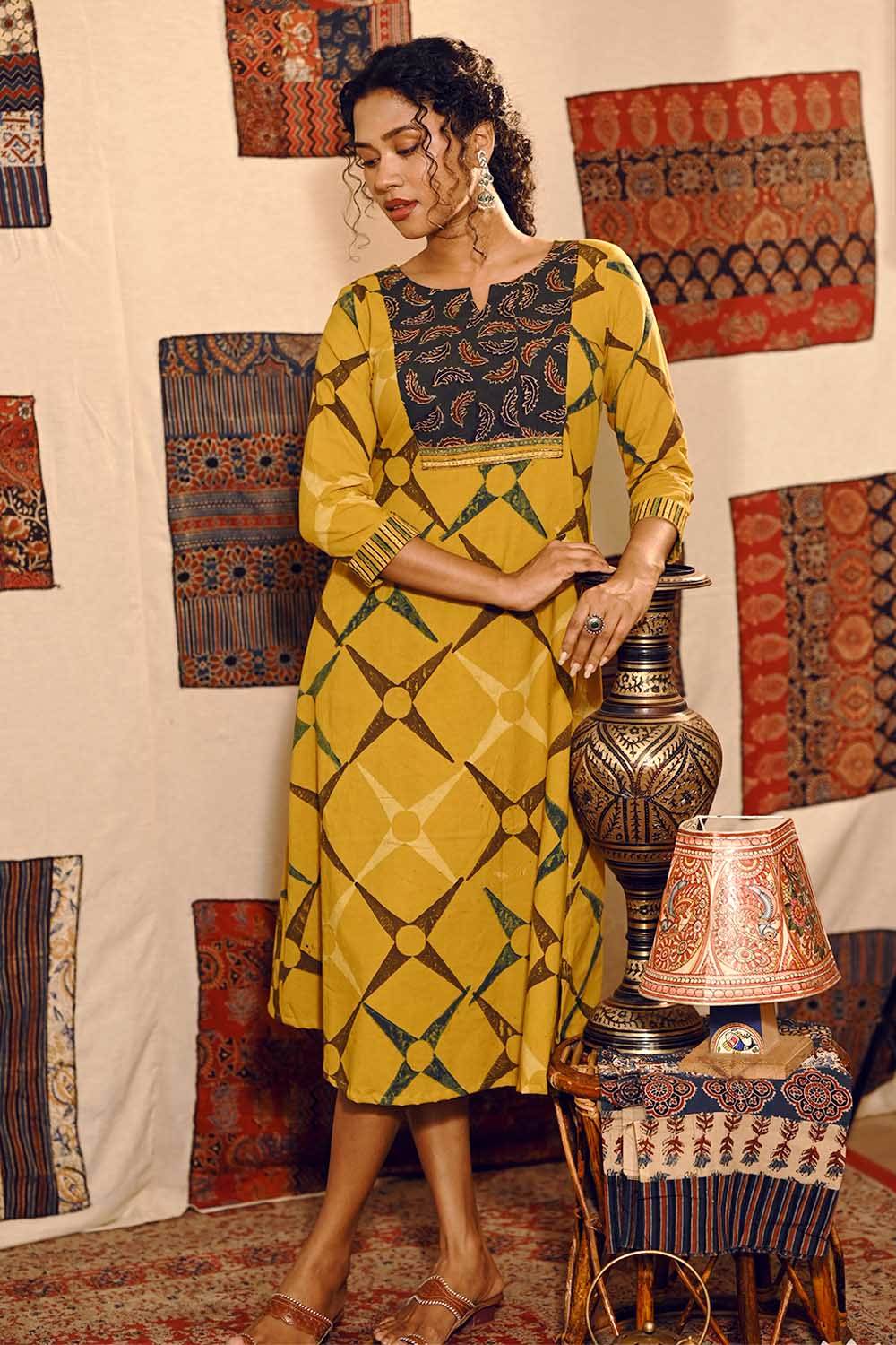 Mustard Yellow A line Kurti with Feather Yoke
