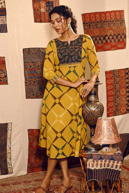 Mustard Yellow A line Kurti with Feather Yoke