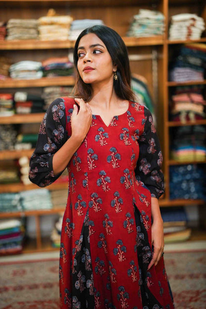 Godet Dress with Red & Blue Print