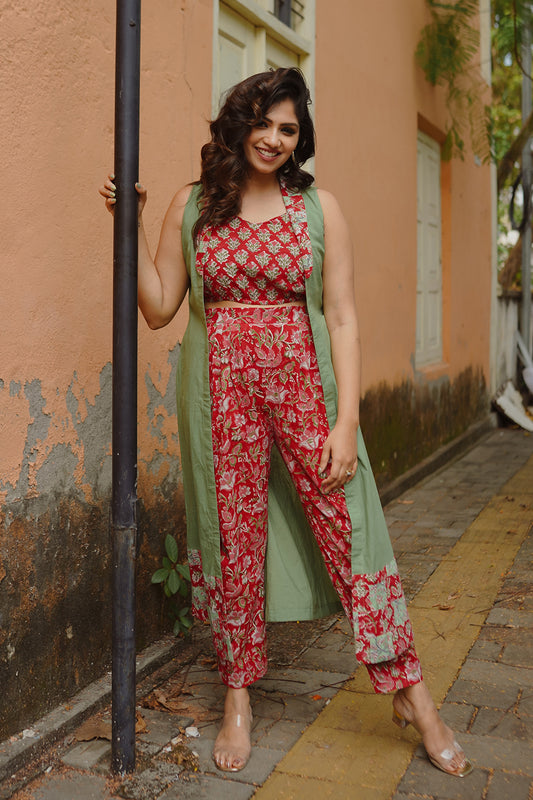 Red Sanganeri Crop Top & Pants with Green Shrug