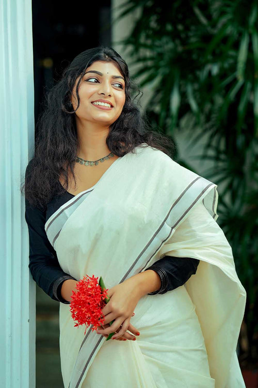 Kerala Silver Kasavu Saree with Black Border