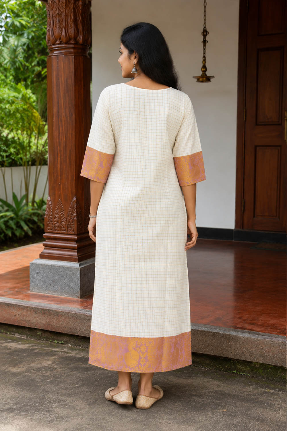 Offwhite Check Kurti with Pink Neck Border
