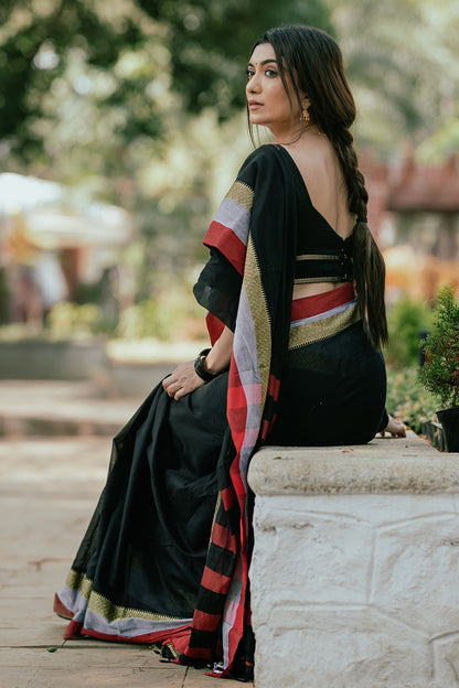 Narayanpet Black Saree with Red & Grey Borders