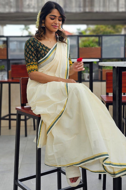 Off White Set Saree With Green Border