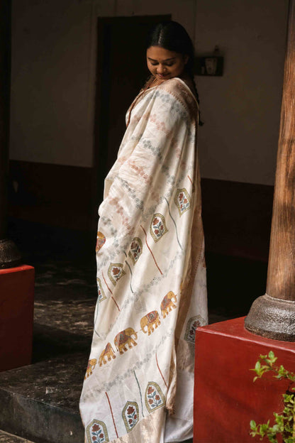 Offwhite Antique Border Saree with Print