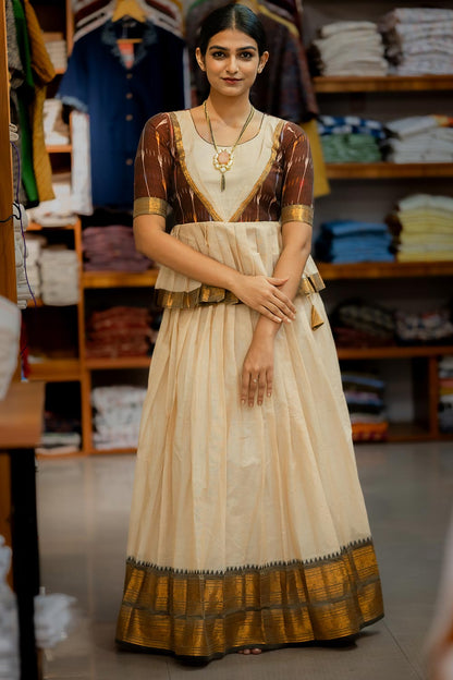 Cream Kanchi Cotton Skirt and Top with Ikat Yoke