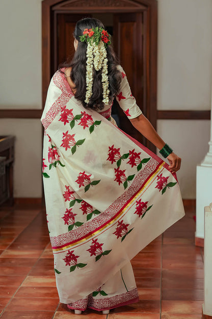 Off white set saree with Handblocked Chethipoov