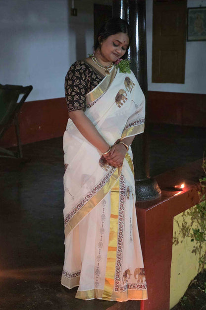 Offwhite Saree with Elephant Print