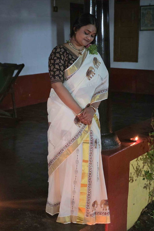 Offwhite Saree with Elephant Print